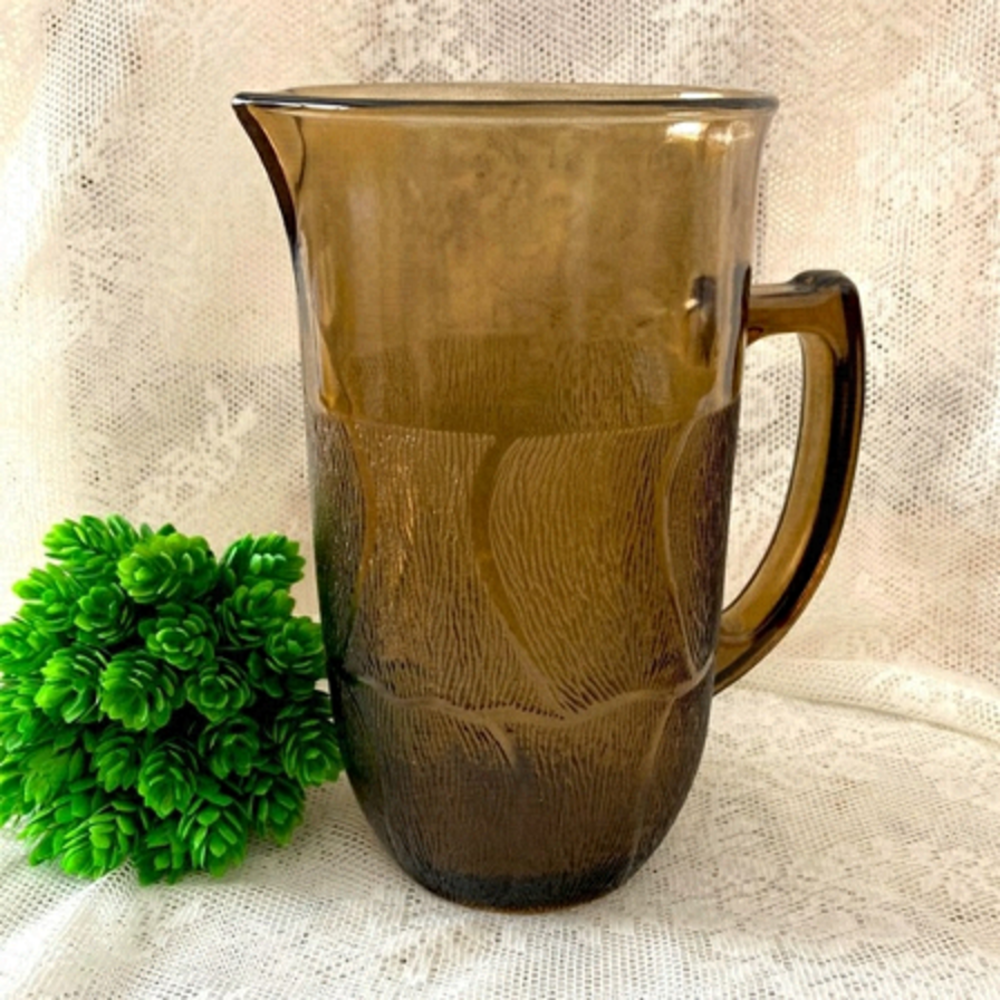 Vintage Smoke Brown Glass Pitcher, KIG Indonesia, Fleur Pattern, MCM